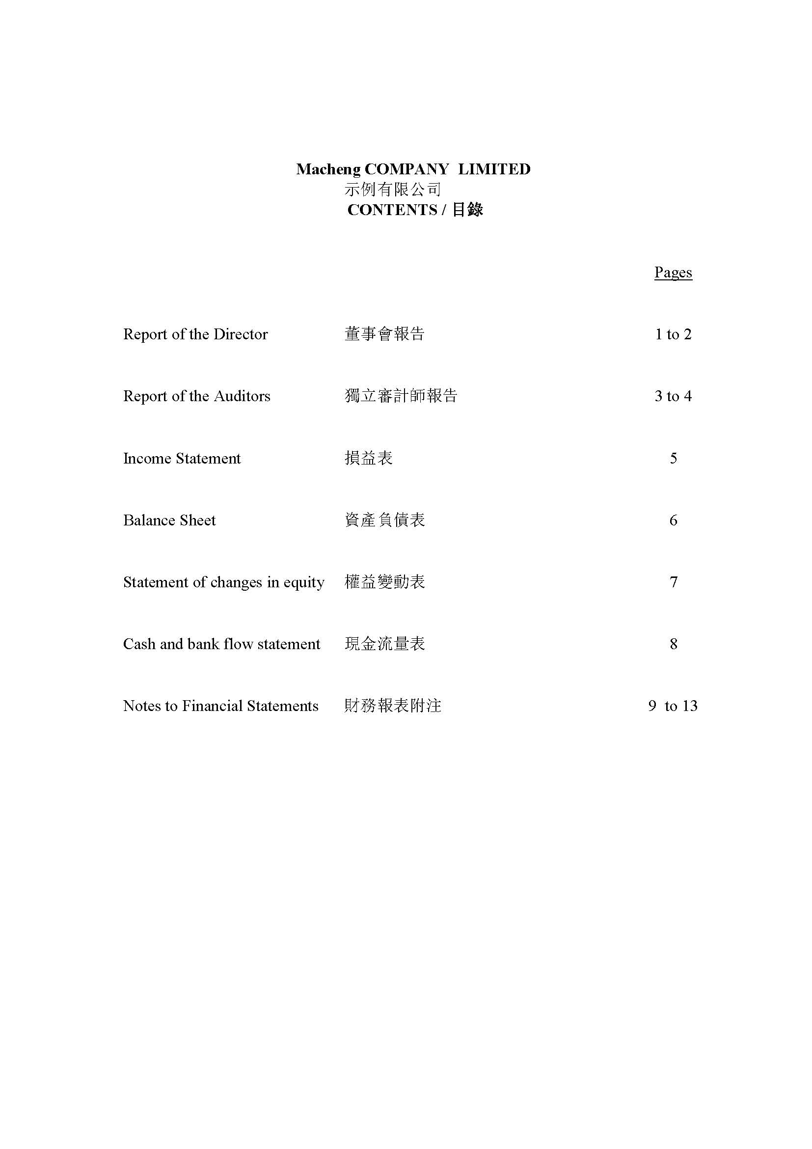 香港公司审计报告目录页